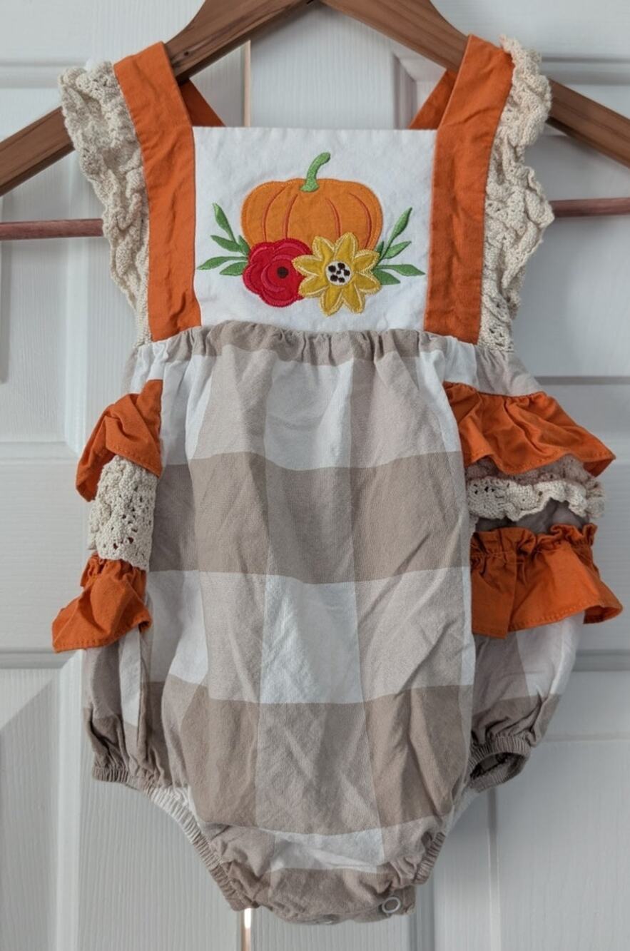 Darling Mae by Ricrac & Ruffles Embroidered Pumpkin Romper